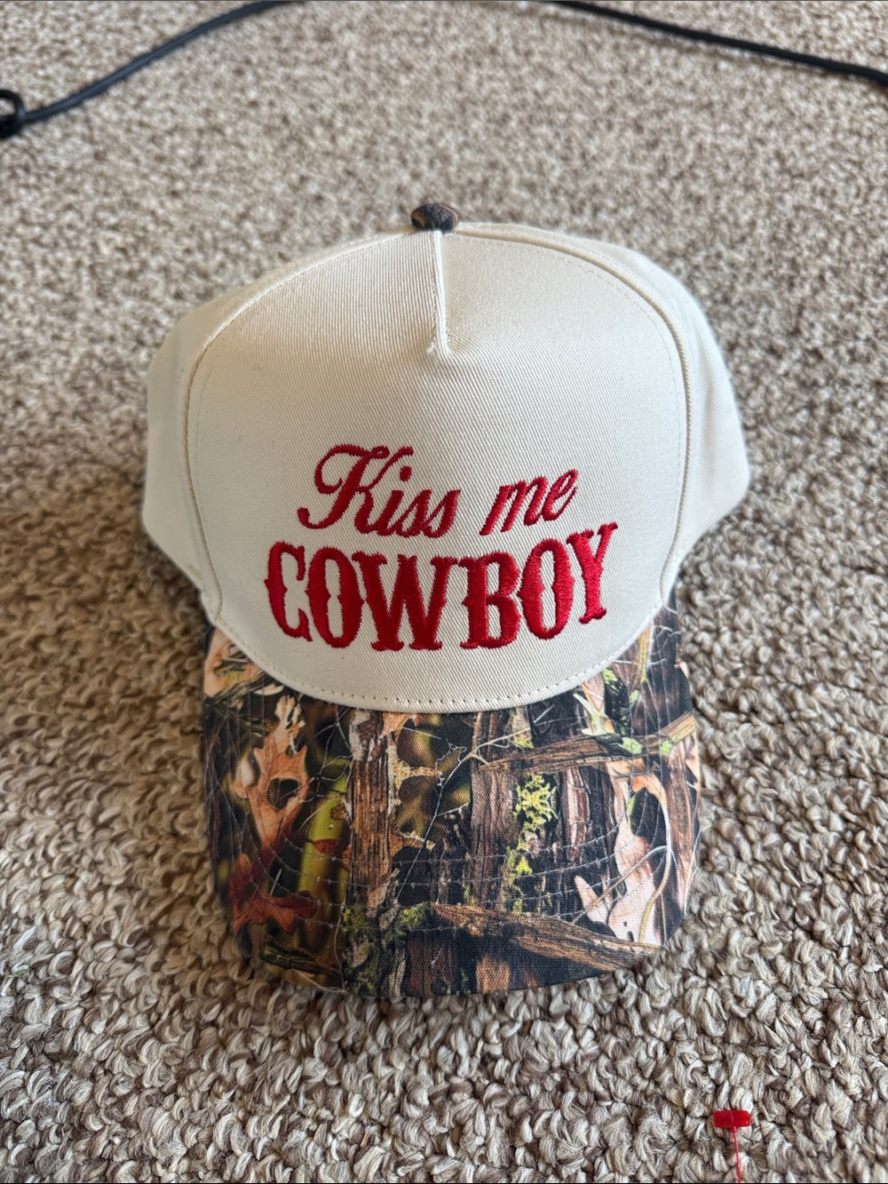 David and Young Cream Trucker Hat with Red Embroidery and Camo Bill